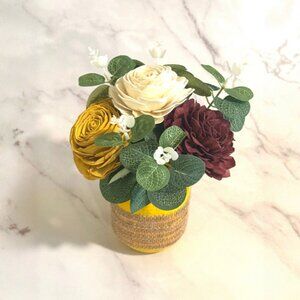 Sola Wood Flower Cream Burgundy Rose Arrangement in Yellow Mason Jar, Home Decor